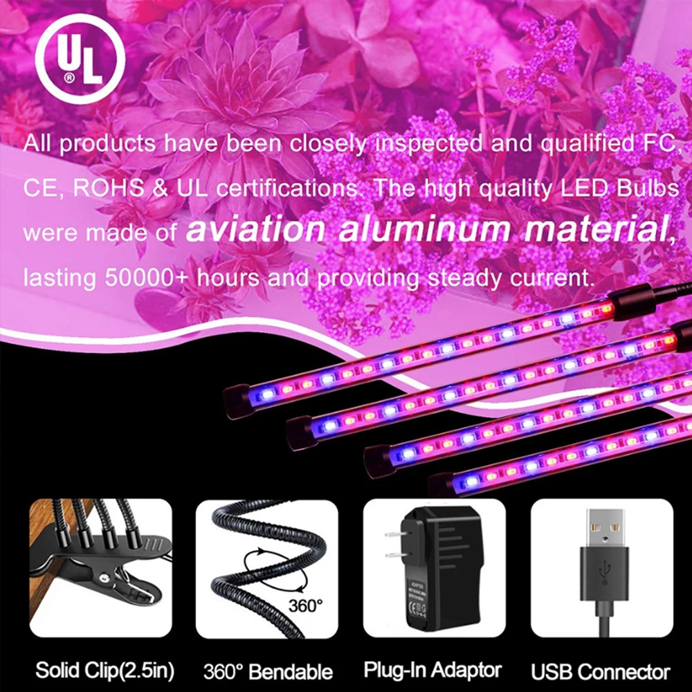 Full Spectrum LED 4 Tube Planting Light Flexible Clip USB Power Desktop Plant Growth Lamp Indoor Plant Growth Light For Flowers 8