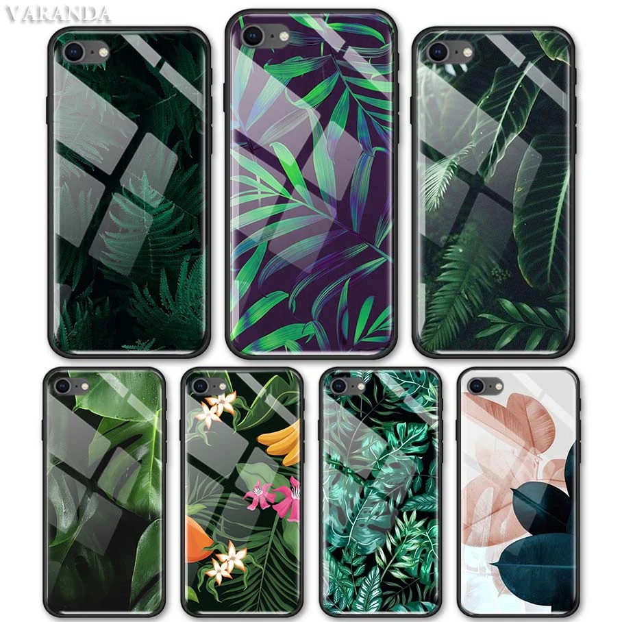 Green Tropical Leaves Palm Case For Iphone 12 Mini 11 Pro Max X Xs Xr 7 8 Plus Se 6 6s Tempered Glass Phone Black Cover Phone Case Covers Aliexpress