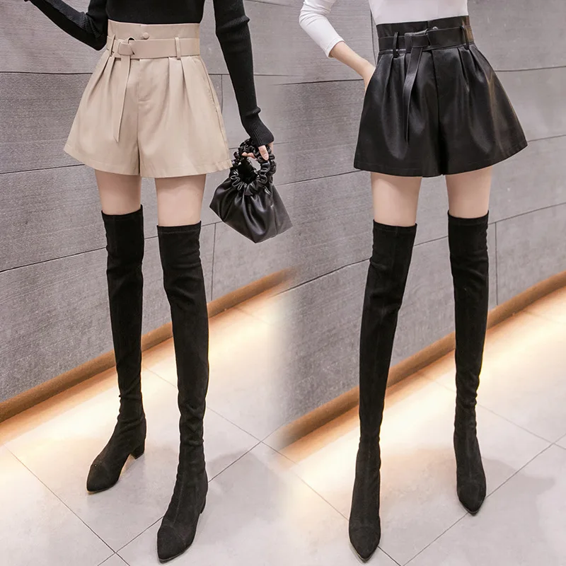 PU Leather Shorts Women 2020 New Autumn Winter Korean Style Fashion High Waist Wide Leg Loose Slimming Leather Boots Shorts