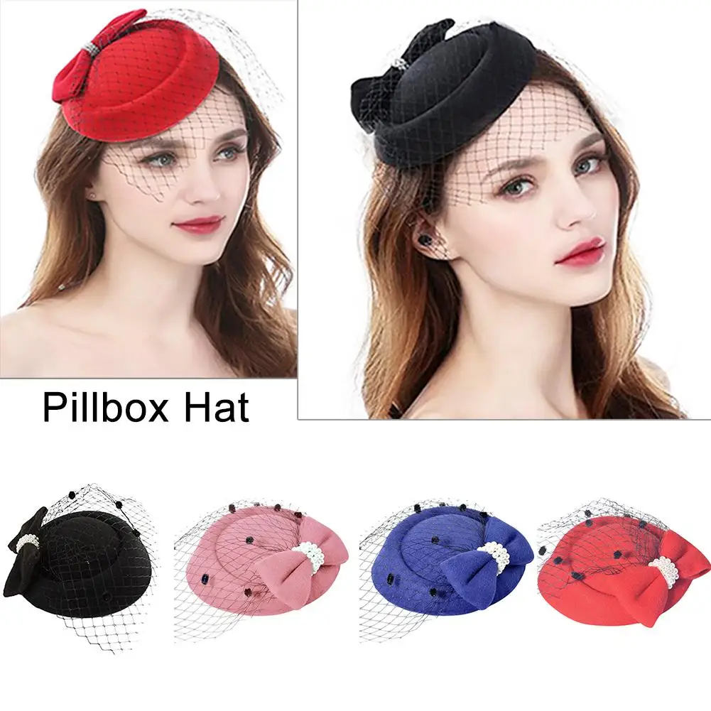 WomenPillboxHatTrendyBowFascinatorHatHeadwearWithVeilsFor