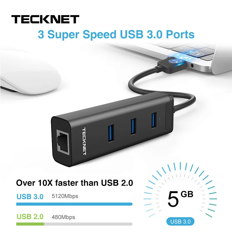 TeckNet USB 3,0 до 10/100/1000 Gigabit Ethernet LAN Проводная сетевая карта USB 3,0 до RJ45 с 3 портами USB3.0 концентратор
