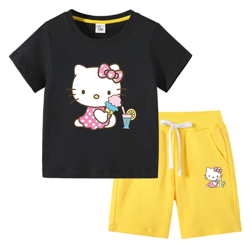 thumbnail image 1 of Hello Kitty verano niños pequeños de algodón de manga corta camiseta traje niños pantalones cortos de manga corta conjunto de dos piezas ropa para niños, 1 of 5