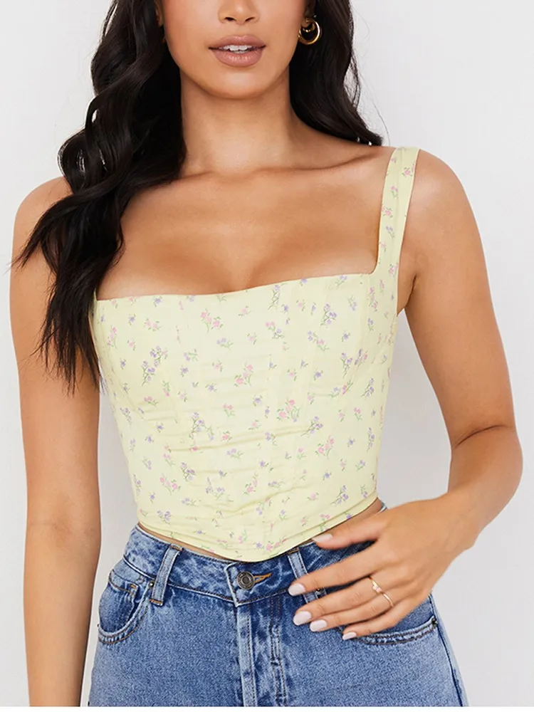 newasia floral espartilho impressão superior retalhos zíper desossamento camada fino ajuste colheita tanque superior chique amarelo cami topo topos feminino