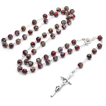 

3 Pieces Religions 8mm Cloisonne Rosary Beads Cross Curved Needle Necklace Holy Mary Catholic Can Given As Gifts And Prayers