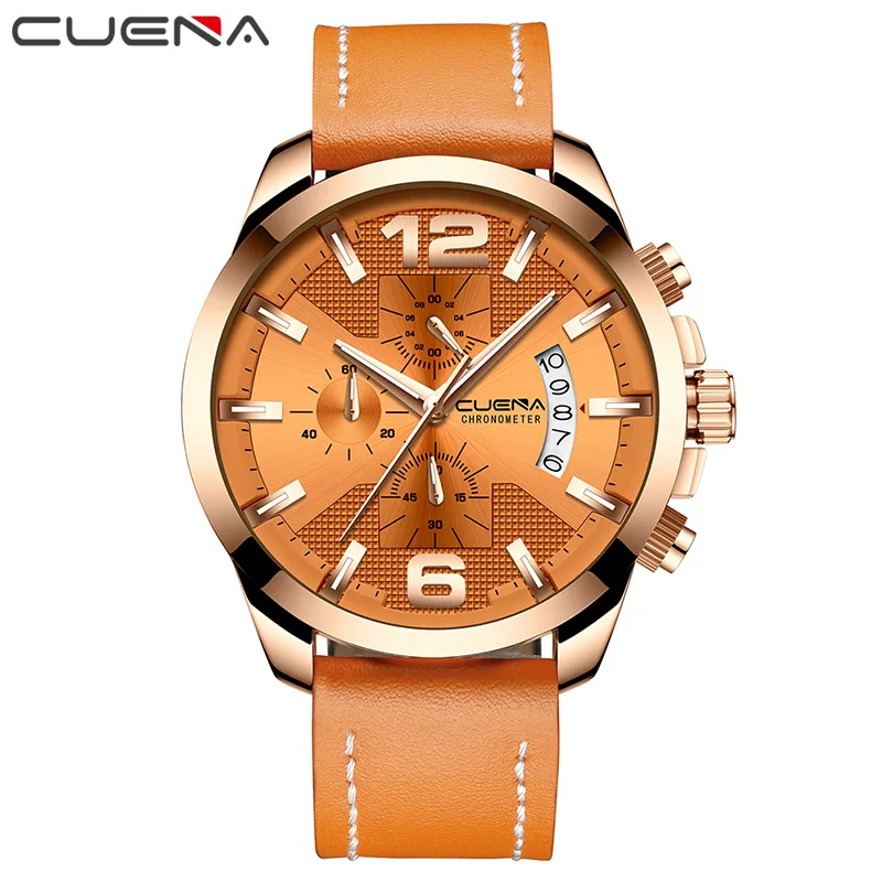 CUENA, кварцевые часы для мужчин, секундомер, светящийся кожаный ремешок, водонепроницаемые спортивные часы, мужские наручные часы, мужские часы