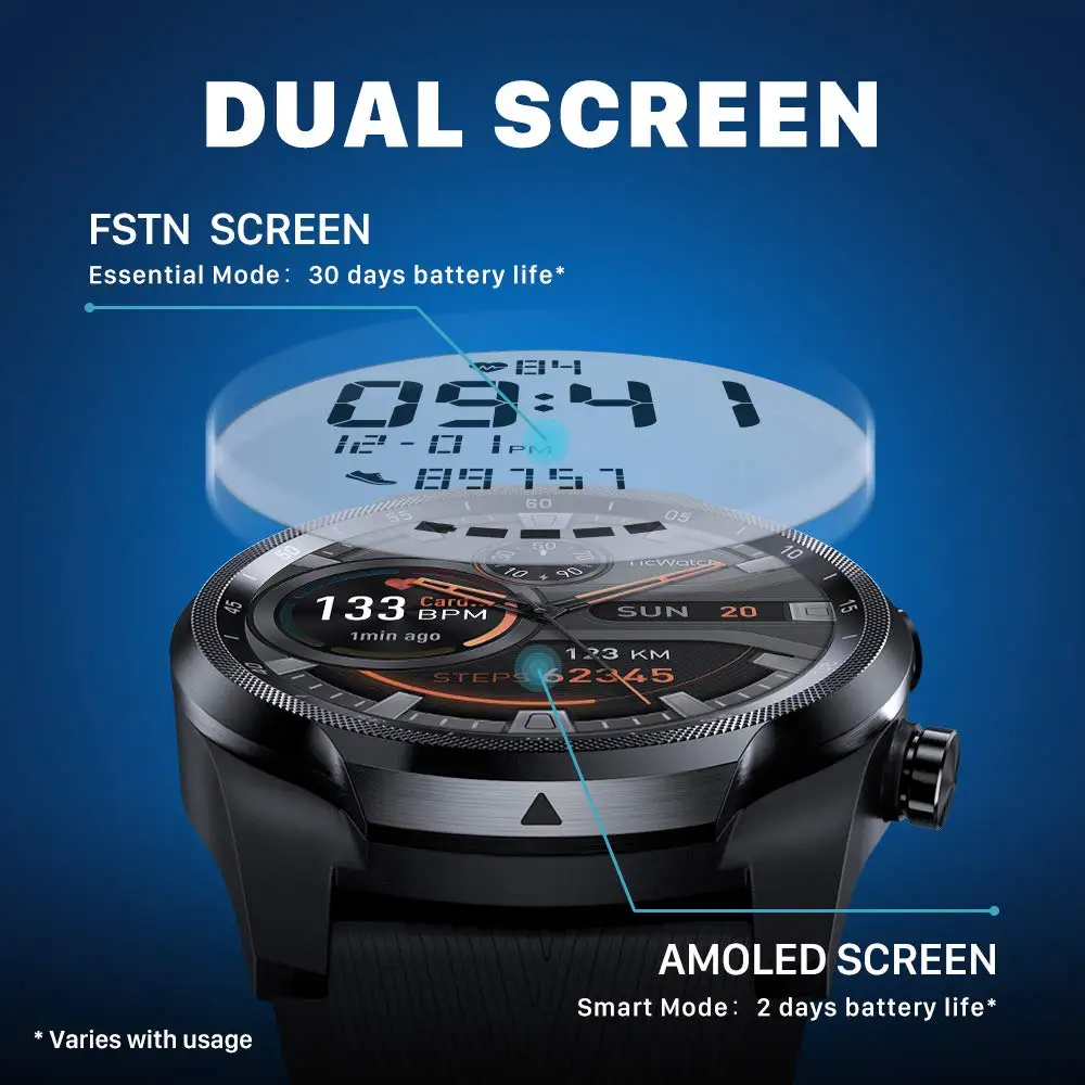 TicWatch Pro 4G/LTE Dual Screen Sleep Tracking Swim-Ready IP68 Waterproof NFC 4G Service for US-Verizon or DE-Vodafone phones
