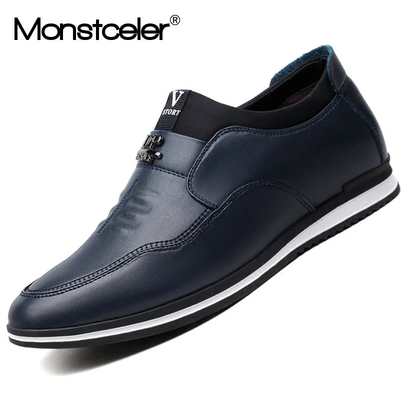 Monstceler Fashion Pu Leather Men's Loafers British Style Men Cowhide Shoes Slip On Male Casual Driving Flats Black Navy M6005 | Обувь