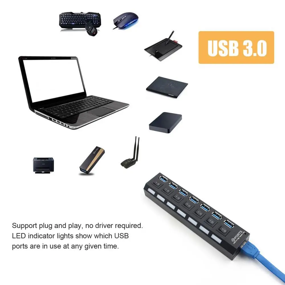 Внешний 7 портов интерфейс Высокоскоростной USB 3,0 Портативный хаб расширительный разветвитель заряда для ноутбука компьютера Plug and Play AU Plug
