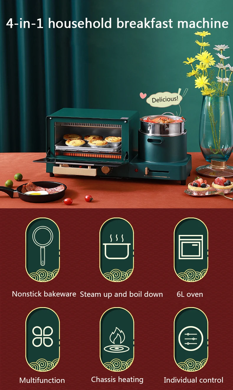 Description Picture 2 of itemDMWD 4 in 1 Household Electric Breakfast Machine Toaster Frying Pan Mini Oven Bread Sandwich Pizza Maker Hot Boiling Pot Steamer