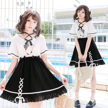 

Japanese college style sweet lolita dress fake two-piece stitching victorian dress kawaii girl gothic lolita op loli cosplay