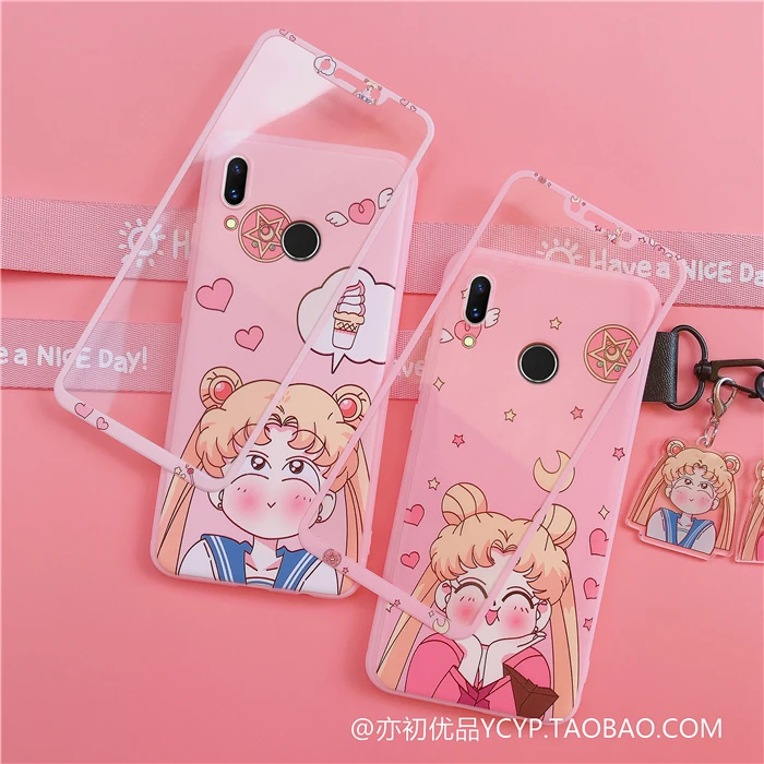 

For Huawei Nova 5 pro Cute Sailor Moon Case +Tempered Glass Screen film for Huawei Nova 5i/Nova 4 4e/Nova 3 3e 3i/2S Cover+Strap