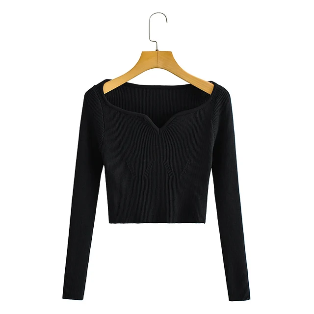 XNWMNZ Autumn Winter elasticity Short Square Collar Thin Knitted Pullovers Sweater Loose V-Neck Long Sleeve Women New Fashion black