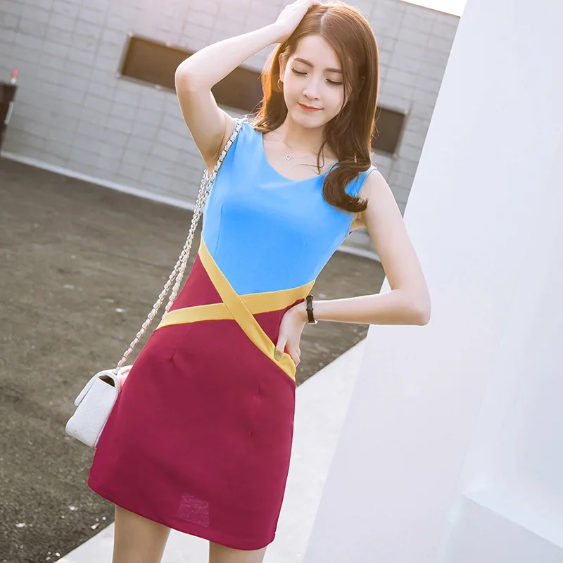 

2017 Summer New Style Korean-style WOMEN'S Wear Slim Fit Slimming Sleeveless Elegant Contrast Color Splicing Dress Short Skirt