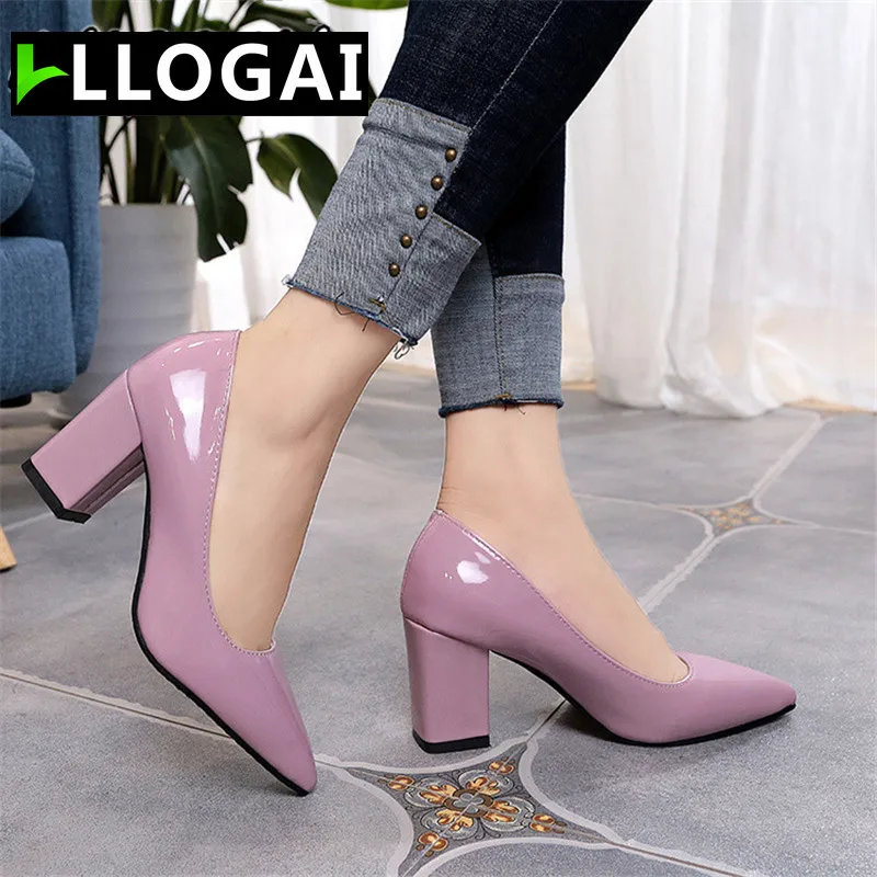LLOGAI 2021 mujeres zapatos de tacón alto Sexy de novia fiesta tacón medio puntiagudo dedo del pie de la boca baja zapatos de tacón alto zapatos de mujer zapatos de gran tamaño 35-43