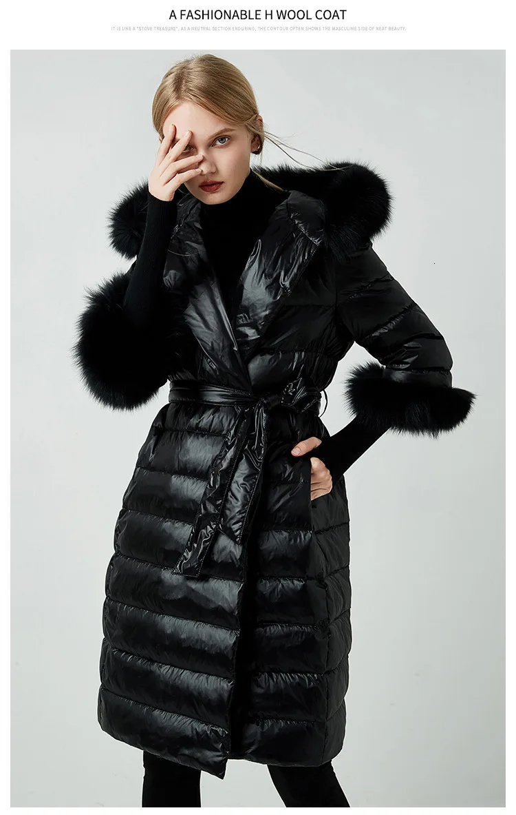 Длинная женская куртка-пуховик на утином пуху, Зимняя коллекция, верхняя одежда, пальто, элегантное меховое пальто с капюшоном, Толстая теплая зимняя парка, женская пуховая верхняя одежда