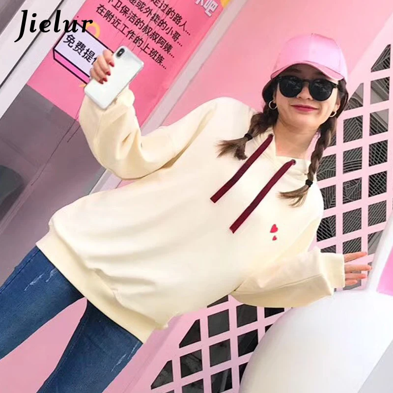  Jielur Heart Embroidery Women's Sweatshirt Hooded Winter Loose Kpop White Hoodies Female Fashion Ca