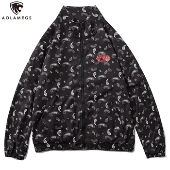 

Aolamegs Jackets Men Vintage Graphic Printed Zipper Jacket Casual Loose Windbreaker Coats Autumn High Street Fashion Streetwear
