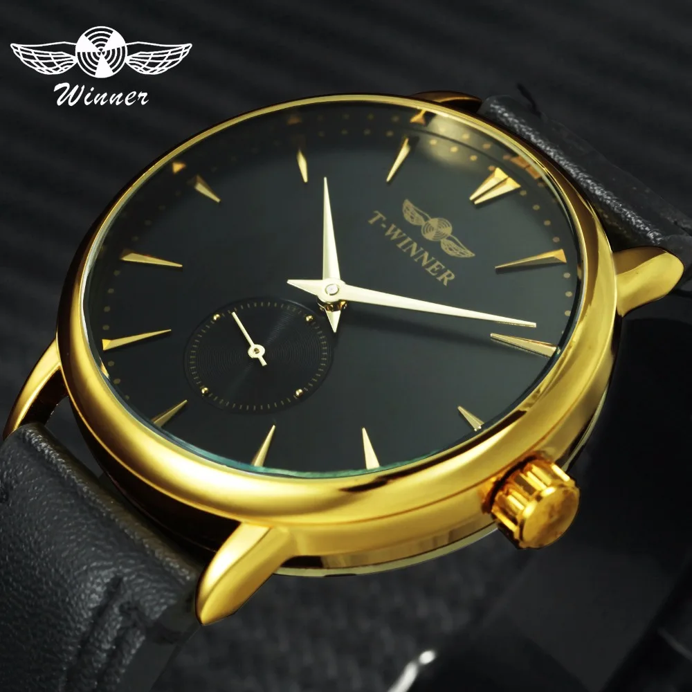 

WINNER Casual Simple Mechanical Watch Men Leather Strap Ultra Thin Dial Gold Mens Clock
