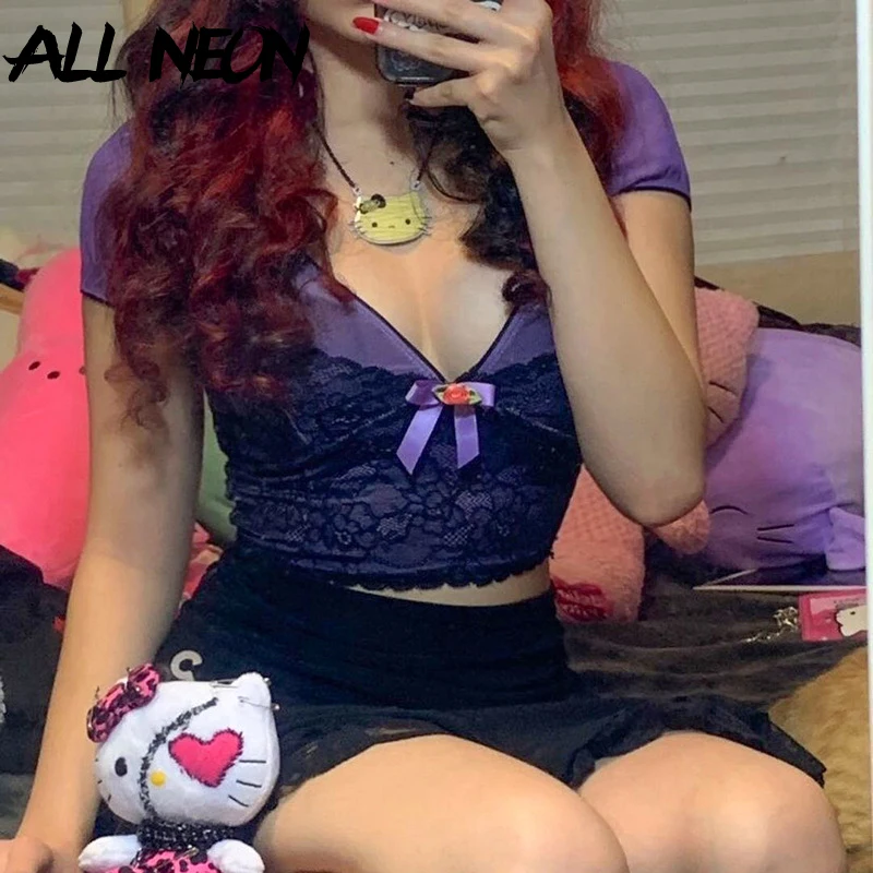 

ALLNeon Y2K Aesthetics Deep V-neck Lace Trim Crop Tops E-girl Punk Style Patchwork Short Sleeve Bow Purple T-shirts Vintage Fall