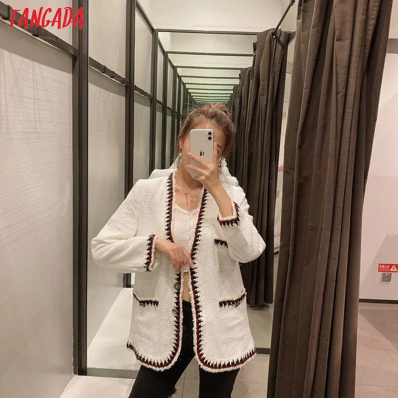 Tangada женское белое шерстяное пальто куртка алмазные пуговицы карман свободный стиль Длинные рукава пальто женская верхняя одежда 6Z09