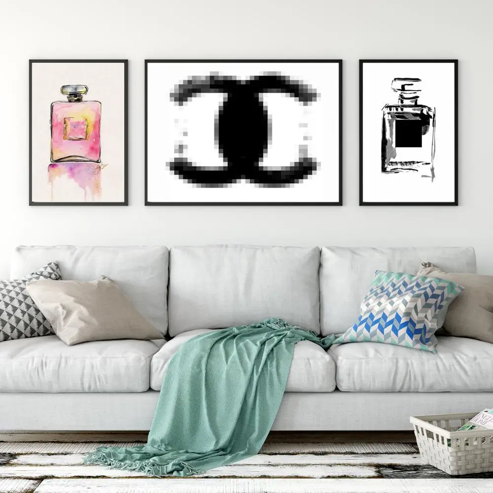 

Modern Black and Pink Perfume Bottle LOGO Fashion Women Home Decor Canvas Painting Wall Pictures Wall Art For Living Room