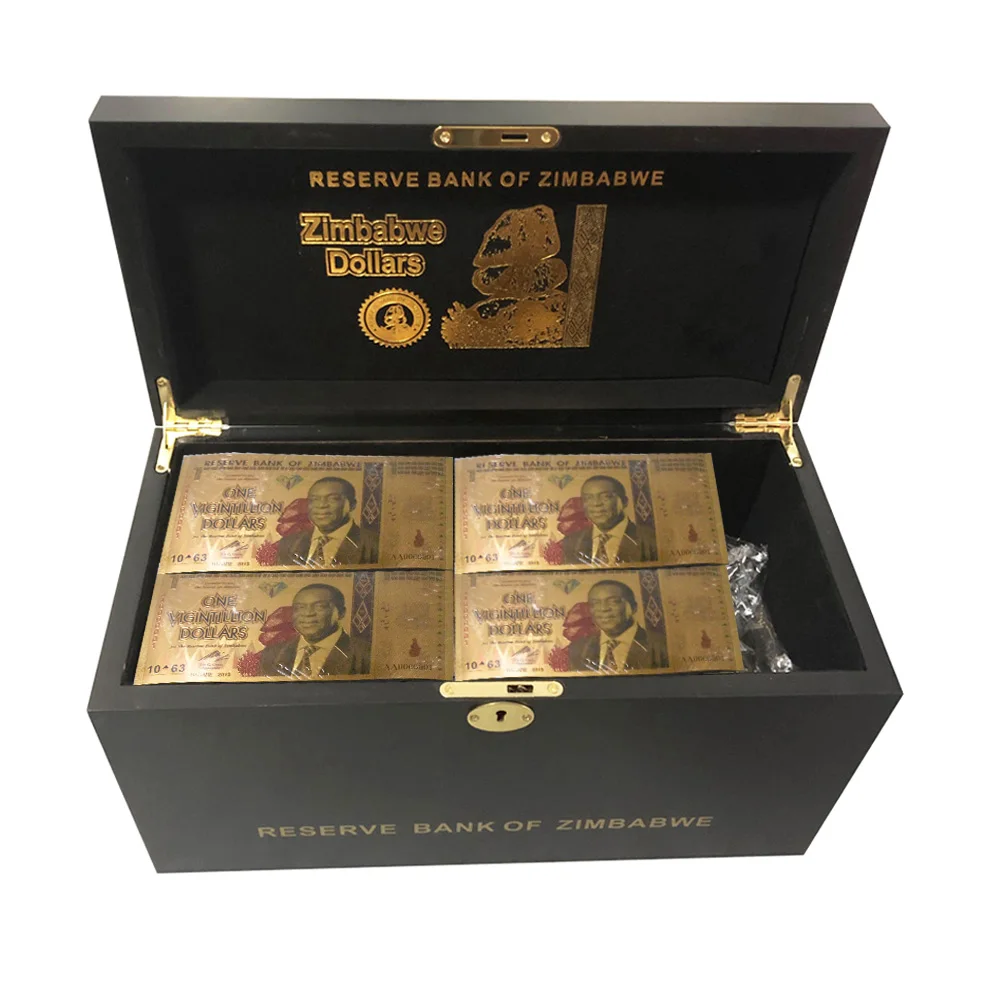 

Wholesale One Hundred Trillion/Quintillion/Octillion Dollars Zimbabwe Gold Banknote In Wooden Box with Certificates 1200pcs/lot
