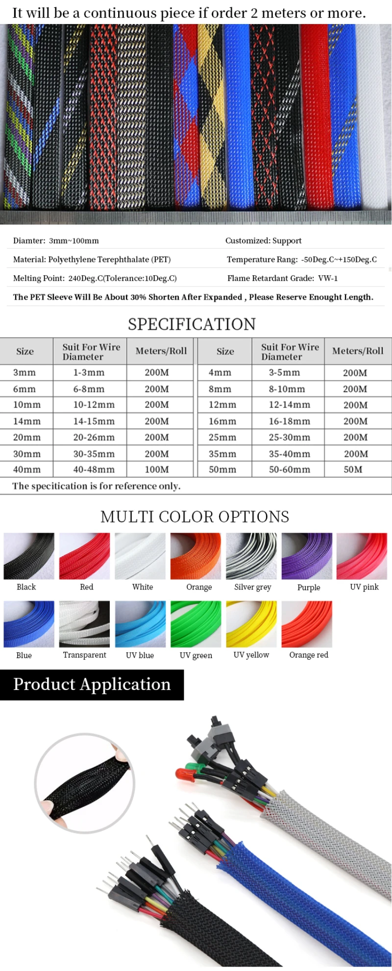 1M 2 4 6 8 10 12 14 16 18 20 25 30 40 mm High Density PET Braided Expandable Sleeve Wire Wrap Insulated Nylon Protector Sheath