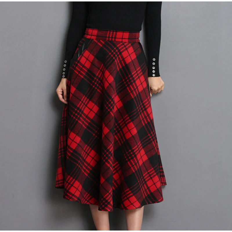 High Waist A Line Women Long Skirt Plus Size 4XL England Plaid Woolen Ladies Skirts Woolen Pleated Tartan Female Bottom