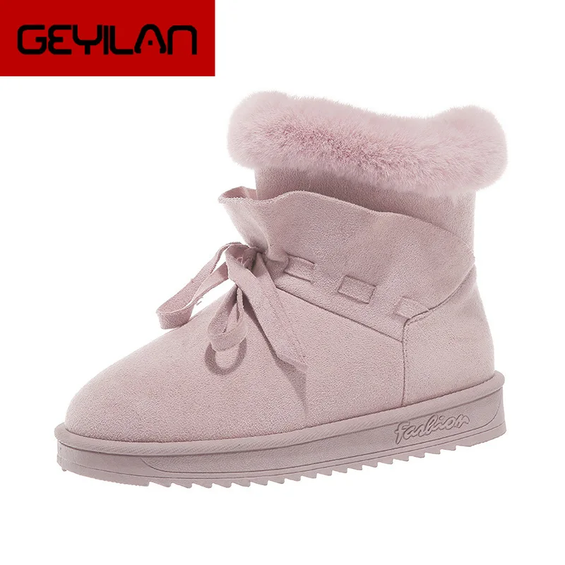 

SWYIVY Flock Women Winter Shoes Casual Falt Ankle Boots For Women 2019 Solid Warm Plush Snow Boots Woman Slip On Rubber Booties