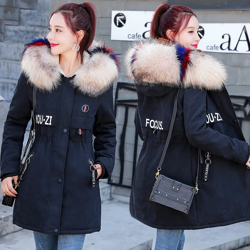 

Mid-length plus Velvet Cotton-padded Clothes Women's 2018 Winter New Style Korean-style Slim Fit Large Fur Collar Cotton Coat Th