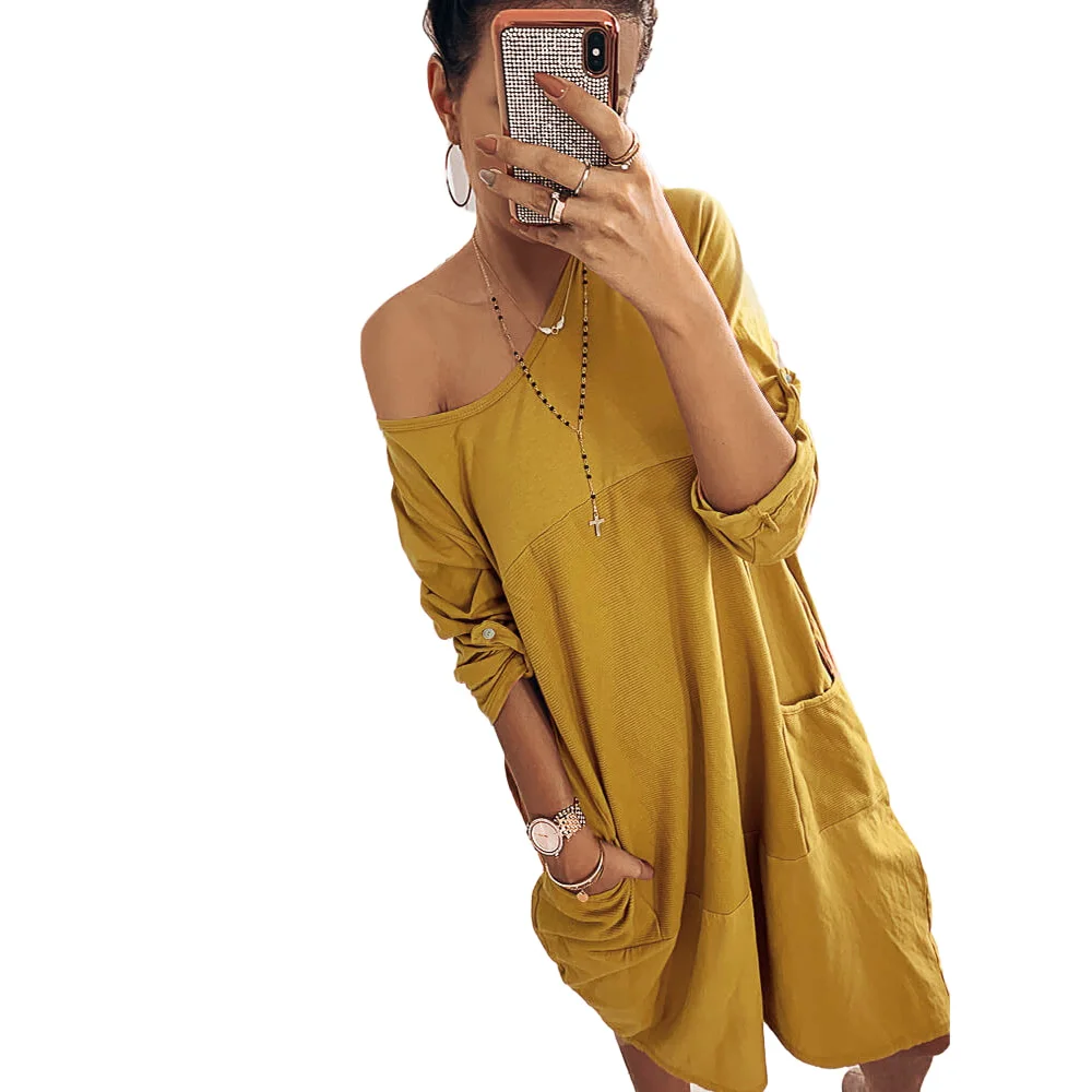 Женское весеннее платье-джемпер с длинным рукавом и карманами | Женская одежда