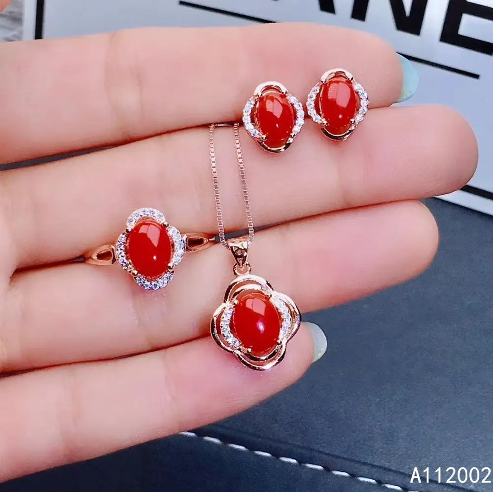 

KJJEAXCMY Fine Jewelry Natural Red Coral 925 Sterling Silver New Women Pendant Earrings Ring Set Support Test Luxury Classic