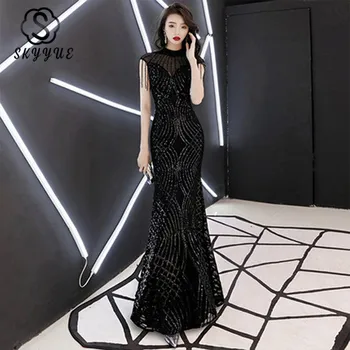 

Skyyue Evening Dress 2019 O-neck Sequin Women Party Dresses Black Zipper Robe De Soiree Sleeveless Tassel Formal Gowns F006