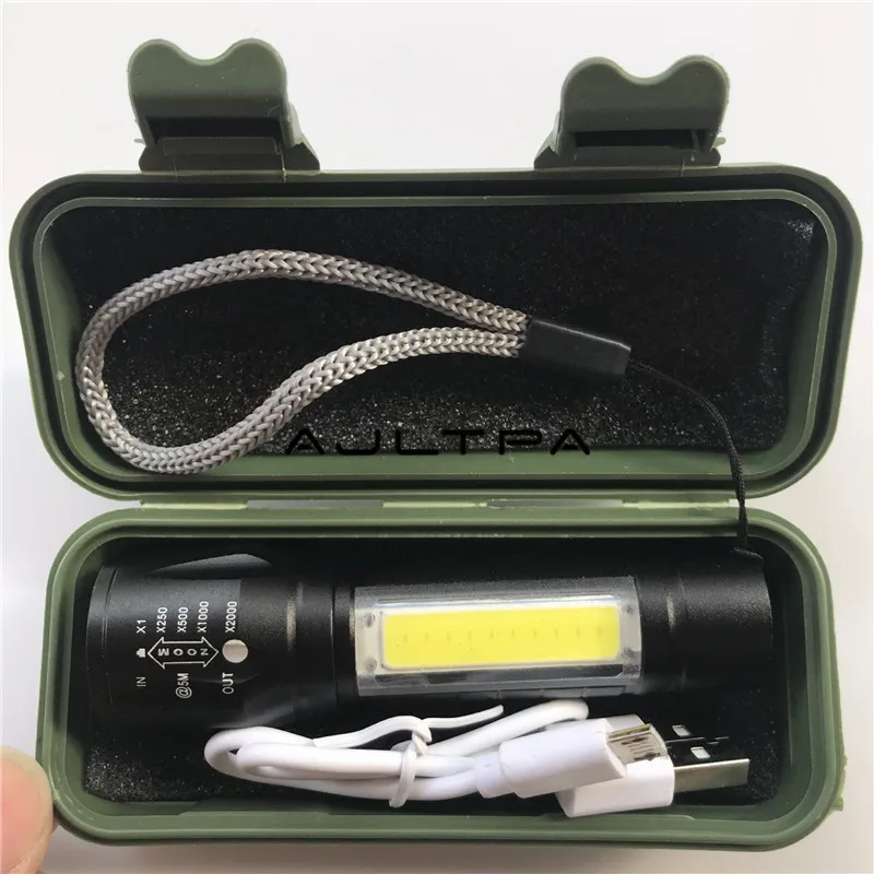 100 шт./лот USB зарядка мини портативный COB светодиодный фонарик с зумом уличный охотничий фонарь с батареей и кабелем