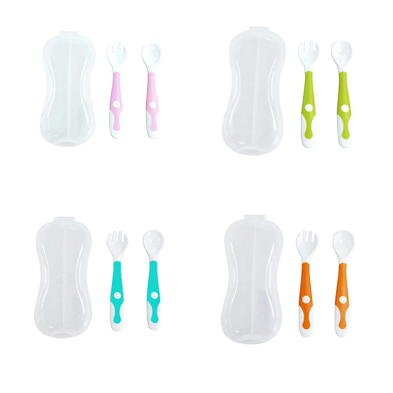 Hot Baby Utensil Spoon Fork Set Portable Child Feeding Training Spoon With Storage Case Fun Baby Elbow Fork Spoon Dropshipping