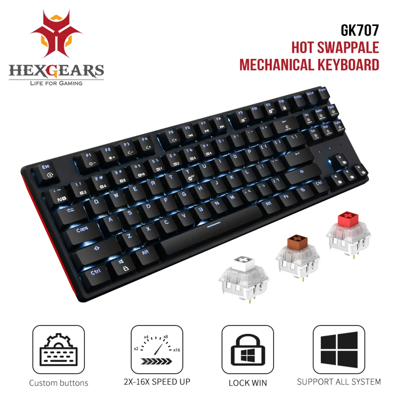 Online HEXGEARS GK707 87 clave jugador Teclado mecánico Kailh caja de interruptor de intercambio en caliente Anti fantasma blanco LOL teclado de juego para PC Mac vuelta