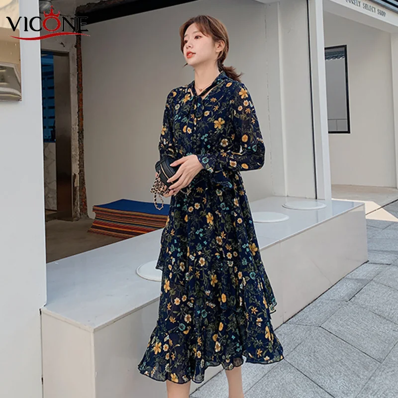 

VICONE Summer Korean Chiffon Women Dress Elegant Ladies Vintage Dress Boho Floral Office Long Sleeve Vestidos