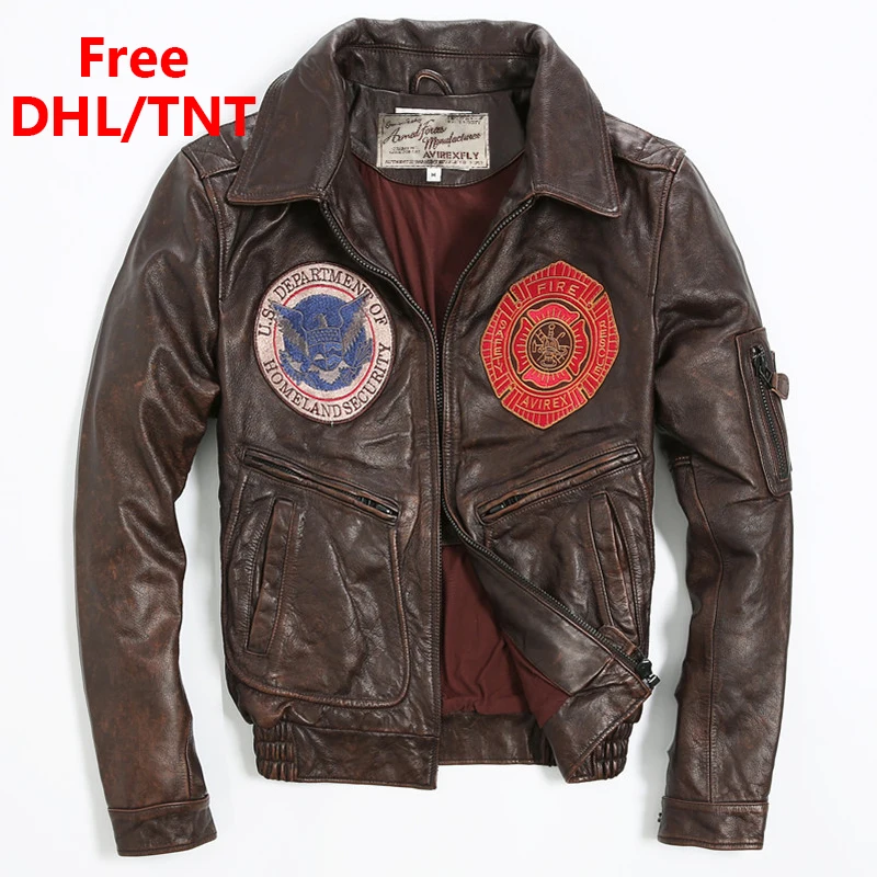 

Fast Ship Free DHL/TNT Vintage Cowhide Leather Bomber Jacket Men Badge Pattern Flight Jacket Motorcycle Rider Genuine Lether