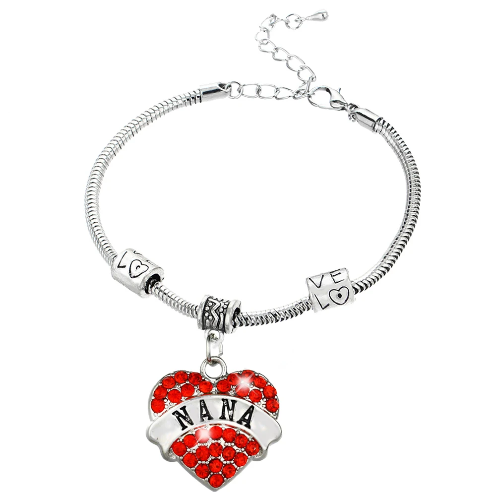 12 шт. красный сердце со стразами браслеты Подвески Nana браслеты семейный для бабушки бабушкины Ювелирные изделия Подарки Любови бисерная цепь