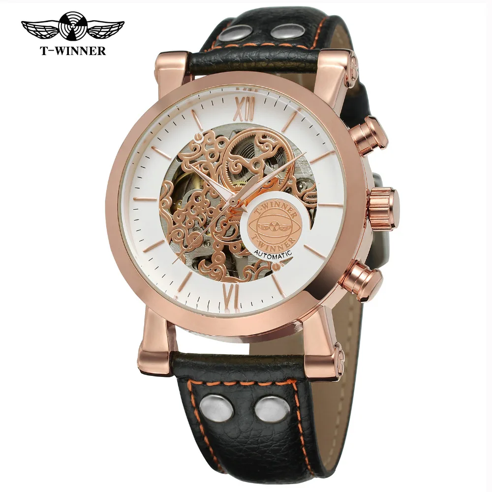 

T-winner Fashion Saat Reloj Watch Rose Gold Skeleton Automatic Mechanical Mens Watches Men's Watch Black Belt Mechanical Watch
