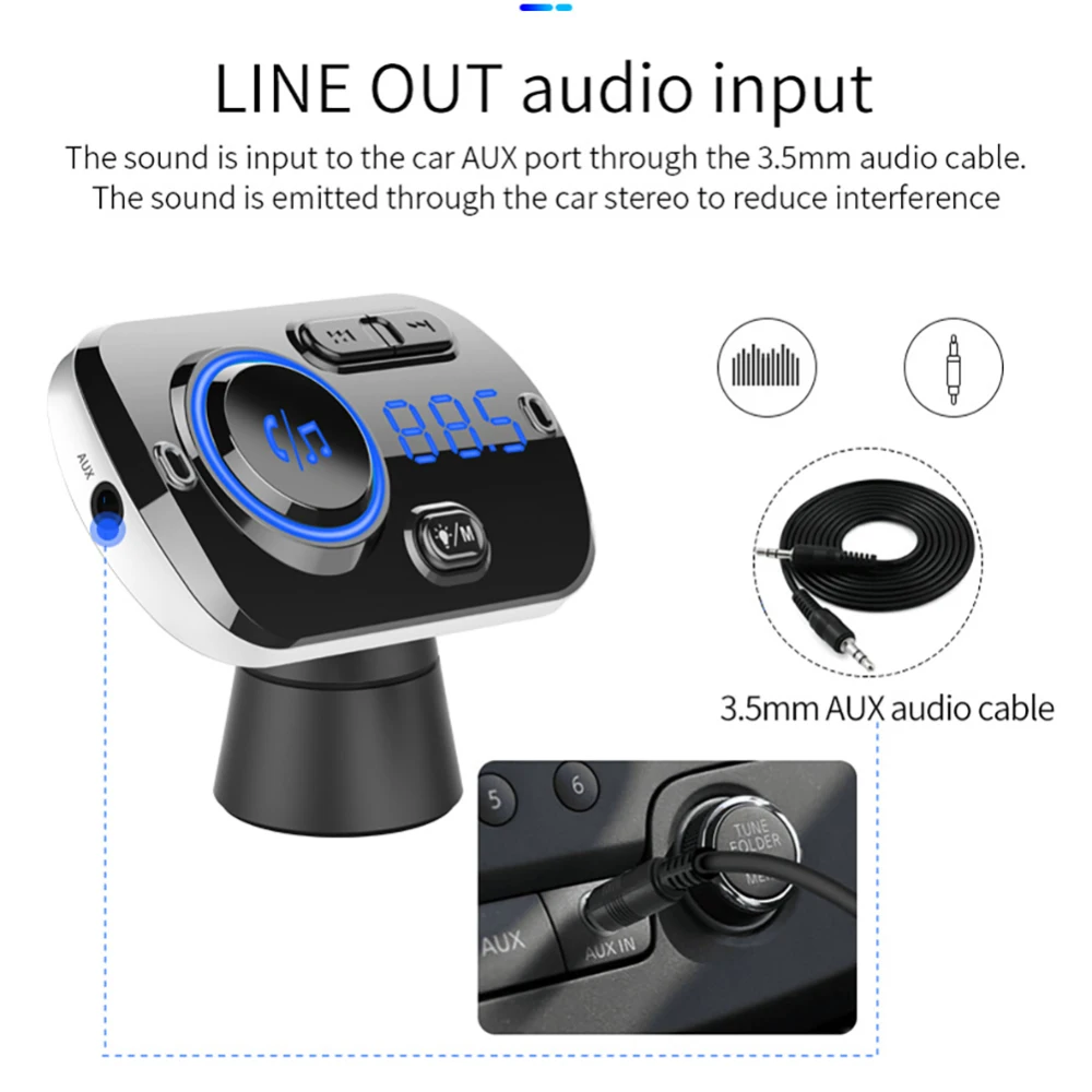 

Car MP3 Player 1.2 inch Car Handsfree Bluetooth Speaker Wireless QC3.0 Fast Charge FM Transmitter with Atmosphere Light