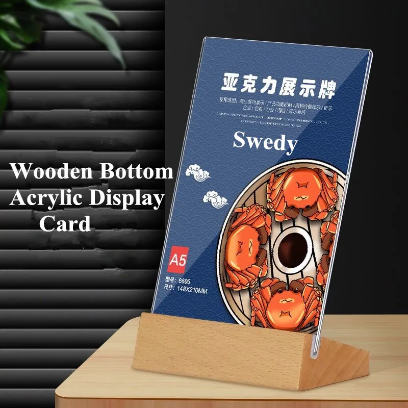A6 T / L Shape Table Acrylic Sign Holder Message Holders Display Stand Wood Base Photo Picture Poster Frame