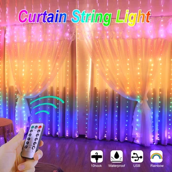 3X3M Rainbow String Lights Gordijn Lamp Garland Voor Room Decor Waterdichte Usb Led Fairy Licht Gordijn Lichten voor Thuis Venster