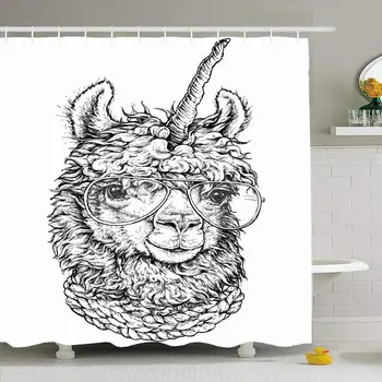 

Shower Curtain Set with Hooks 72x72 Lama Llamacorn Engraving Ink Eyeglasses in Hipster Style Symbol Drawing Animals Wildlife