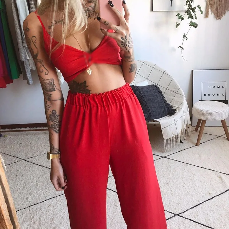 Women Pants Sets Butterfly Print Drawstring Twisted Tube Top Loose Wide Leg Ladies Suit Summer Sleeveless Beach Female Outfits capri pants