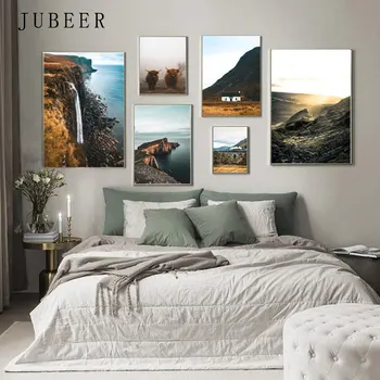 

Scandinavian Decor Landscape Posters on The Wall Mountains Lakes Canvas Painting Highland Cattle Modular Pictures Wall Poster