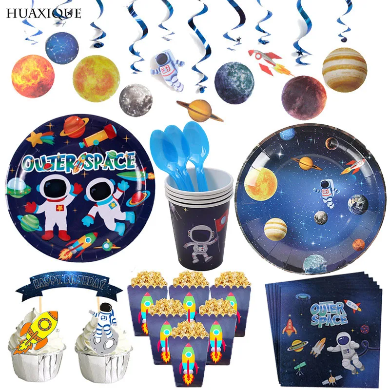 Suministros de fiesta de astronauta del espacio exterior, vajilla desechable, platos y vasos de papel, servilletas, caja de pastel caramelos, cartel de feliz cumpleaños, Boutting