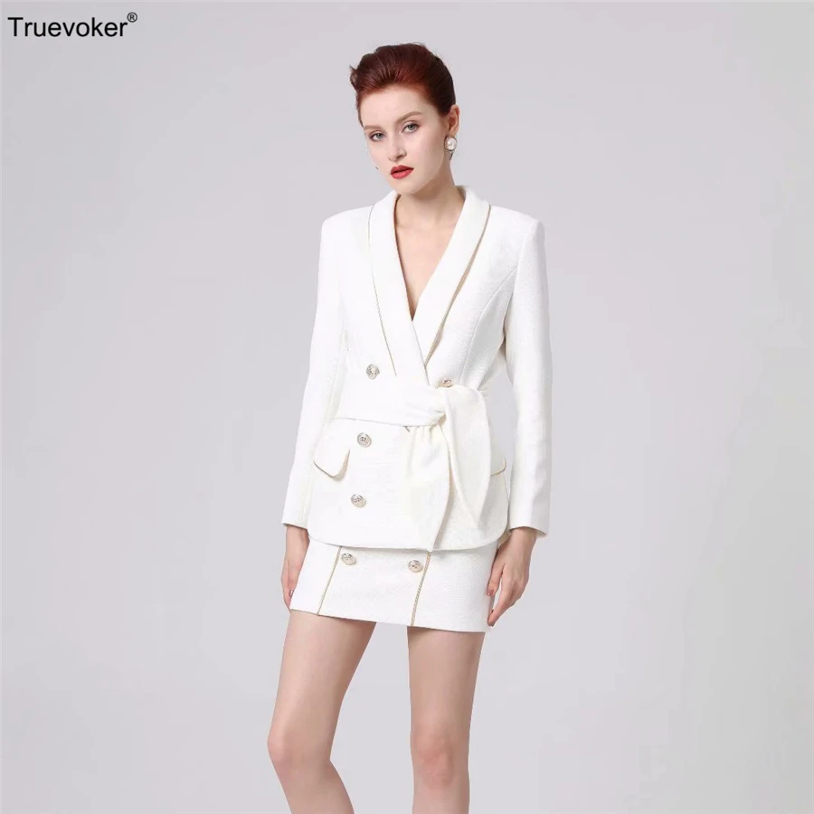 Truevoker New Designer Two Pieces Set Women's Full Sleeve Noble Notch Collar White Jacket With Pencil Skirt Office Lady Set Suit