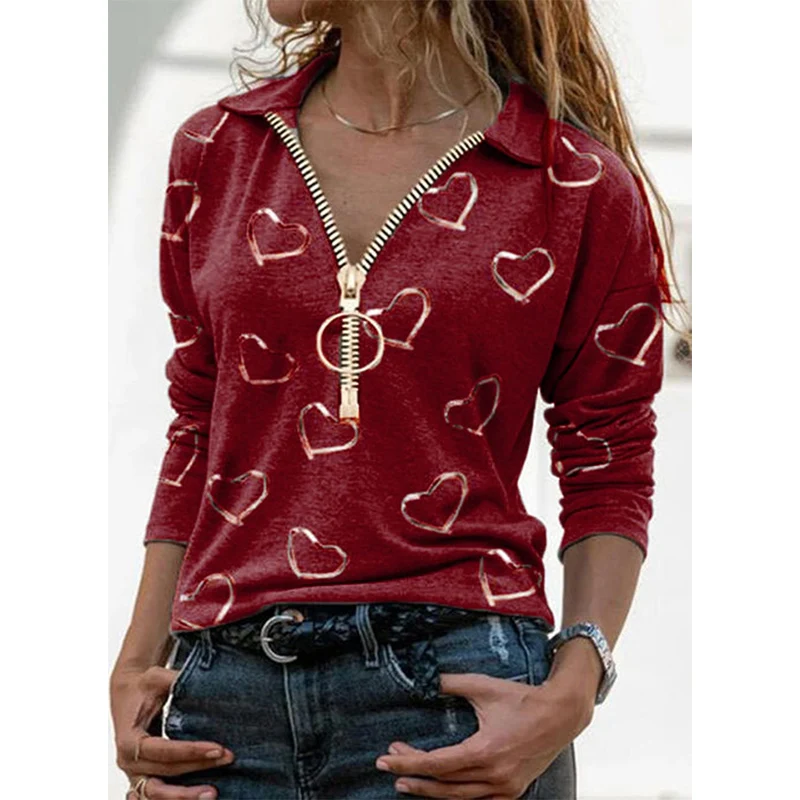 

S-XXXL Women's Casual Loose Lapel Long Sleeve Pullover Tops with Pattern Printing Zipper 5 Colors Elegant All-match Streetwear