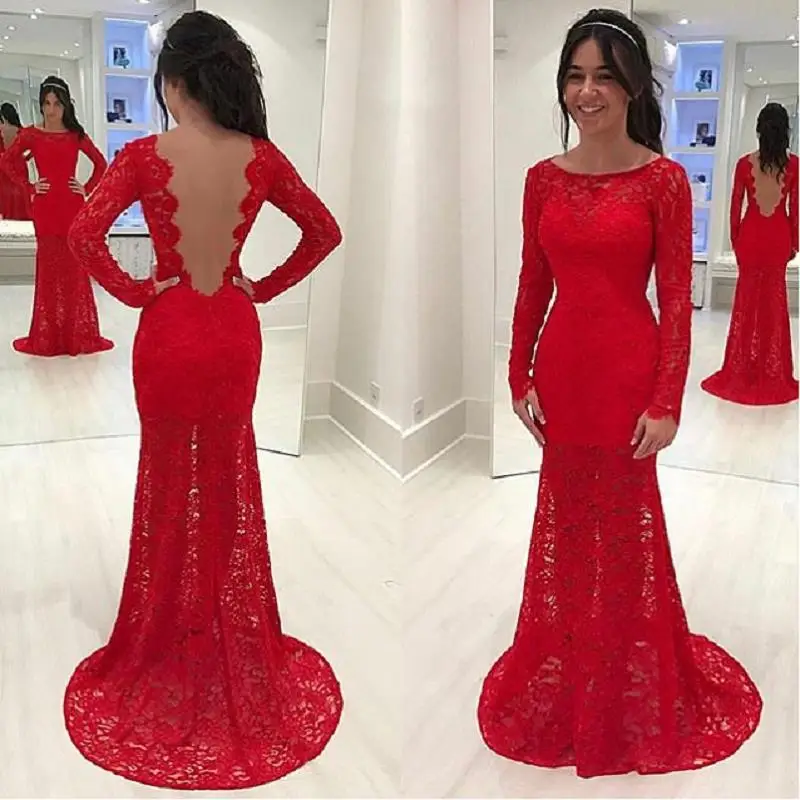 

Modest Red Mermaid Evening Dresses 2020 robe de soiree Long Sleeve Evening Gowns Sexy Open Back Lace Formal Party Dress